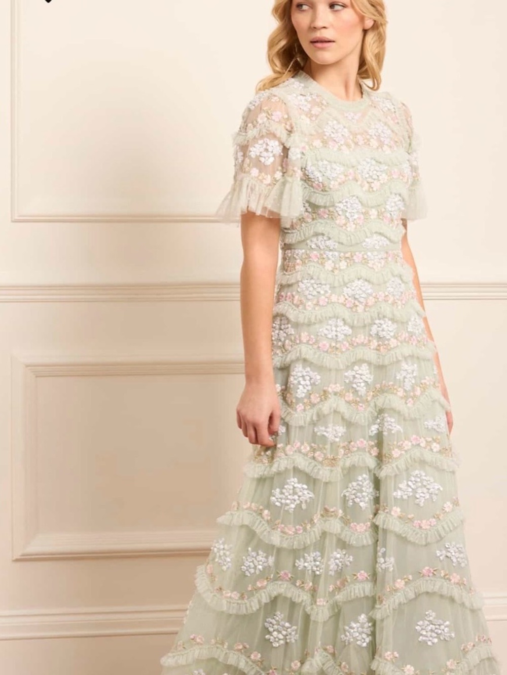 Needle & Thread Pale Green Embroidered Maxi Dress - Daisy Wave Ankle Gown